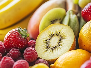 Poster - Fresh Assorted Fruits with Vibrant Colors and Textures Including Kiwi : Generative AI