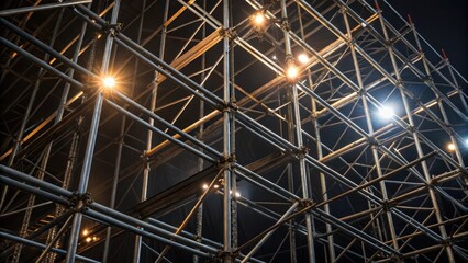 Leinwandbilder - A closeup of scaffolding being assembled with the angular metal beams forming a chaotic yet visually captivating pattern smudged with light from the workers headlamps.