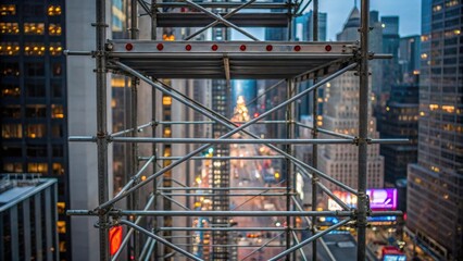 Aufkleber - A closeup of scaffolding wrapped around a skyscraper revealing the complex web of support that allows workers to reach extraordinary heights while the city buzzes below symbolizing