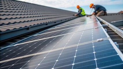 Aufkleber - A closeup of solar panels being installed on a roof illustrating the integration of renewable energy sources in new building projects to reduce carbon footprints.