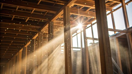 Poster - A closeup of sunlight illuminating dust particles suspended in the air within the unfinished frame offering a glimpse of the ethereal beauty of construction chaos.