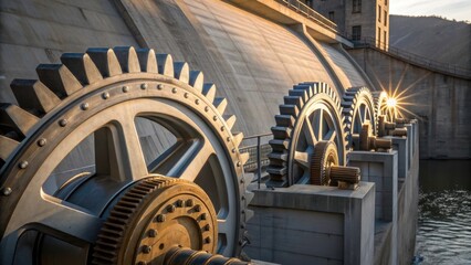 Aufkleber - A closeup of the hydropower turbines at the base of the dam showing intricate gears and mechanisms with sunlight illuminating their metallic surfaces symbolizing the harnessing of