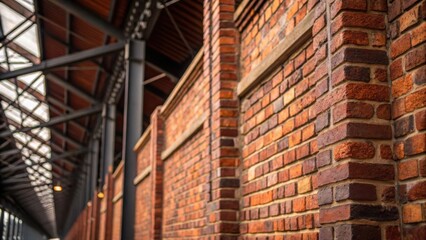 Poster - A closeup of the textured brickwork on a rustic industrial warehouse highlighting the rich hues of red and brown bricks along with exposed metal beams that hint at the buildings