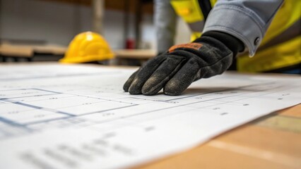 Aufkleber - A closeup of the underside of a gloved hand pressing down on a blueprint against a work table illustrating the weight of labor and the flat surface of planning.