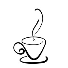 Wall Mural - Cup of hot coffee or tea on saucer, Stylized minimalist line sketch of hot beverage with steam