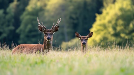 Aufkleber - Elegant Deer Relaxing in Sunlit Meadow amidst Lush Forest Setting : Generative AI