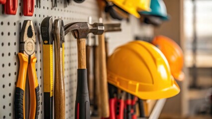 Poster - A closeup of tools hanging on a pegboard including hammers wrenches and safety gear representing the trade skills that provide local employment and contribute to construction