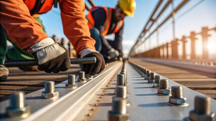Aufkleber - A closeup of workers fastening bolts on a bridge deck their hands busy with tools emphasizing the manual skill required and the texture of the steel and tools gleaming in the
