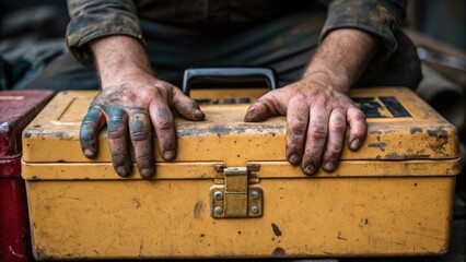 Poster - A closeup on a set of hands resting on wornout toolboxes fingertips stained with grease while in the background the remnants of a days labor are visible symbolizing a hard days