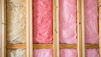 Poster - A closeup perspective of freshly installed fiberglass insulation batts nestled perfectly between wooden studs emphasizing their texture and the vibrant colors used for thermal