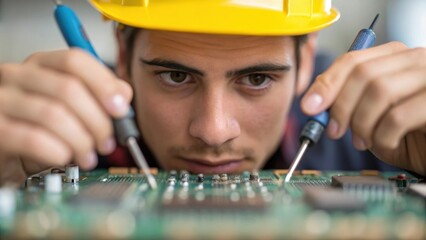 Poster - A closeup portrays the workers lips pursed in concentration hands gripping small instruments tightly as their eyes dart back and forth across a complex circuit board.
