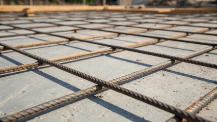 Poster - A closeup shot focusing on the intricate patterns of poured concrete as fresh concrete forms intertwine with exposed rebar representing the structural integrity being established