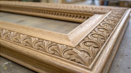 Aufkleber - A closeup shot of an elegantly crafted wooden frame with ornate carvings revealing the subtle texture of the wood and the meticulous attention to detail in the design catching the