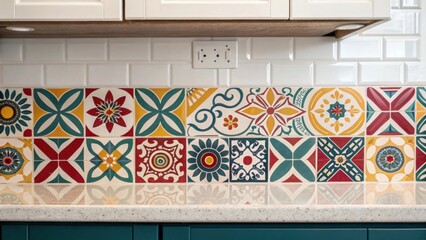 Aufkleber - A closeup shot of a newly installed tile backsplash in a vibrant color scheme highlighting the intricate patterns and textures that breathe life into a simple kitchen area.