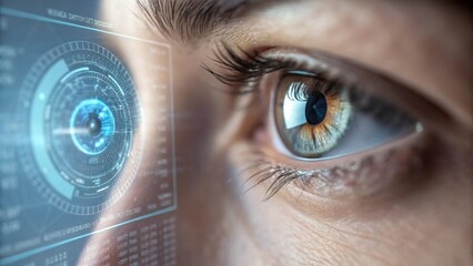 Aufkleber - A closeup shot of an eye gazing intently at a digital interface displaying intricate data patterns. The reflection of the screen in the pupil emphasizes the human focus and