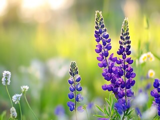 Poster - Lush Lupines in Bloom in a Sunlit Meadow Surrounded by Bokeh Background : Generative AI