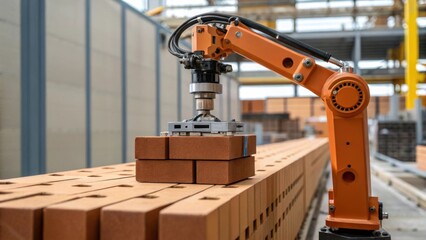 Poster - A closeup shot of a robotic arm precisely placing bricks on a foundation highlighting the technological advancement in automated systems that enhance efficiency and accuracy in