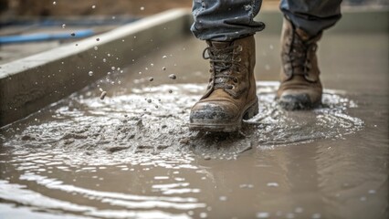 Poster - A closeup shot of a workers boots stepping into a pool of wet concrete with small droplets splashing around highlighting the physicality of the task.