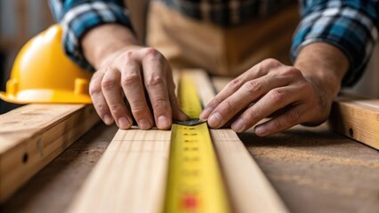 Poster - A closeup shot of a workers hands carefully measuring and aligning materials showcasing craftsmanship and attention to detail. The image highlights the essential role of skilled