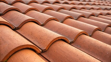 Aufkleber - A closeup shot of clay tiles illustrating their rounded interlocking profile with a rich terracotta color showcasing the subtle surface imperfections and slight color gradients