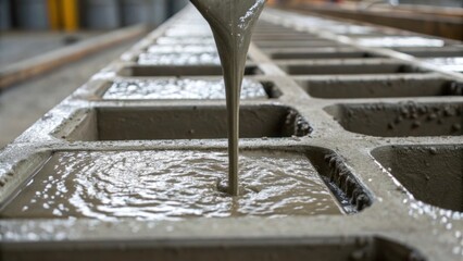 Poster - A closeup shot of fresh concrete being poured into molds capturing the texture and flow signifying the solid base being laid for a future learning environment.