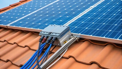 Poster - A closeup shot of intricate solar panel wiring showcasing the connection to a nearby inverter with the vibrant blue of the panels contrasting against the warm tones of the roof
