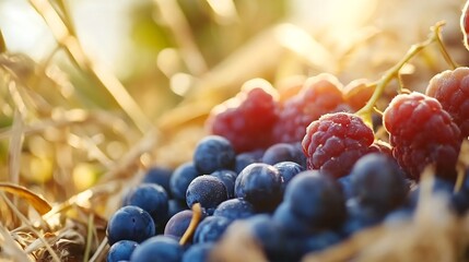 Poster - Close-Up of Ripe Blueberries and Raspberries in Sunlit Countryside Setting : Generative AI