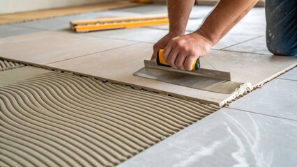 Poster - A closeup shot of the tile adhesive being spread evenly over the floor with the workers tool expertly at work highlighting the preparation necessary for a durable installation.