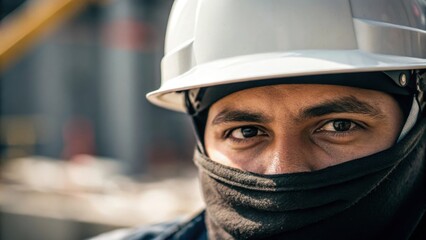 Poster - A closeup shot of the workers face partially obscured by a hard hat their eyes focused and determined reflecting the serious nature of working at heights while wearing protective