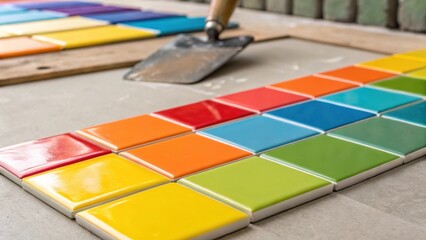 Aufkleber - A closeup shot of vivid ceramic tiles being applied to a surface showcasing the smooth glossy finish and the careful alignment of each piece with a trowel laying adhesive in the