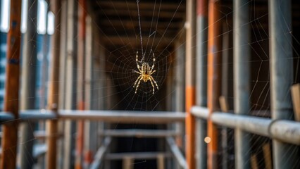 Aufkleber - A closeup view highlights a spider in its web poised on the strands with the scaffolds vertical bars framing the scene symbolizing the intersection of nature and human