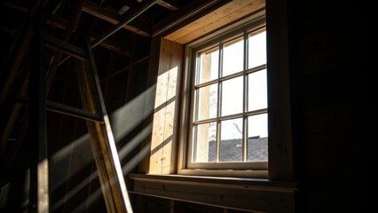 Aufkleber - A closeup view of a window opening within the frame where sunlight streams in creating a stark juxtaposition against the surrounding shadows of unfinished work.