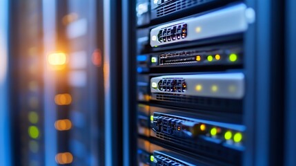 Aufkleber - Closeup of Modern Data Center Server Racks with Blinking Indicator Lights for Technology Background : Generative AI