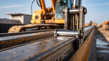 Poster - A closeup view of heavy machinery with a metallic hydraulic arm gripping a steel girdle showcasing intricate details of wear and grease on the machines surface against a blurred