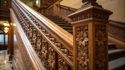 Poster - A closeup view of intricately carved balusters on an ornate staircase with delicate floral motifs emphasizing craftsmanship while the polished handrail gleams under ambient light