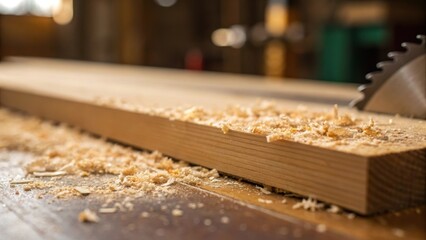 Poster - A closeup view of the freshly edge with fine wood shavings clinging to the surface catching glimmers of light emphasizing the precision of the saw .