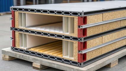 Poster - A crosssection closeup of a modular unit showing layers of construction materials from the structural frame to the finished interior providing insight into the buildings