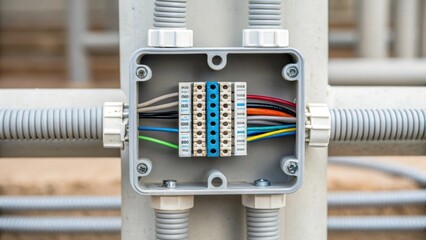 Poster - A detailed closeup of a junction box housing electrical connections for plumbing systems with neatly organized wires emerging from pipes and showcasing careful installation