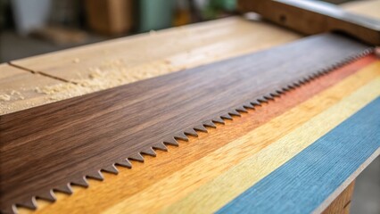 Poster - A detailed image highlighting the seam where the woods natural color gradients meet the starkly clear defined line of the saw edge integrating warmth and coolness in the palette.