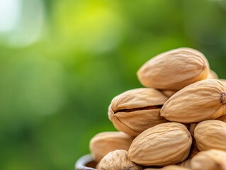 Aufkleber - Fresh Shelled Almonds Close Up with Nature Green Bokeh Background : Generative AI