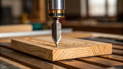 Poster - A detailed shot of a carving tool poised over a block of hardwood the reflection of the light on the blade hinting at the sharpness and precision needed in the process.
