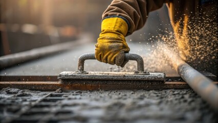 Fototapete - A detailed view of a workers hand controlling the concrete pour gripping a lever on the pump with concrete splashes highlighted against a blurred background.
