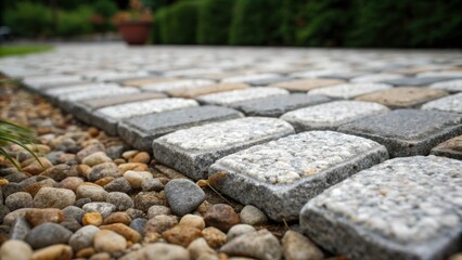 Aufkleber - A detailed view of intricately laid granite pavers showcasing the slight sheen of polished stone against the rougher texture of surrounding pebbles.