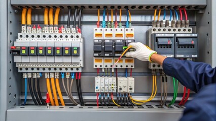 Aufkleber - A detailed view of electrical components being assembled featuring a worker connecting wires on a control panel emphasizing the complexity of power distribution technology.