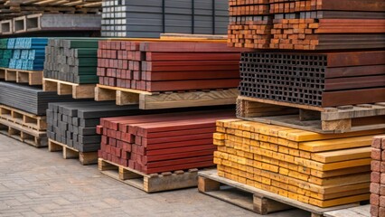 Aufkleber - A detailed view of building materials stacked neatly on a wooden palette emphasizing the rich colors and patterns of raw wood steel bars and bricks creating an organized tapestry