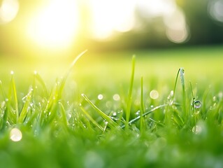 Aufkleber - Fresh Morning Dew on Lush Green Grass Illuminated by Sunrise : Generative AI