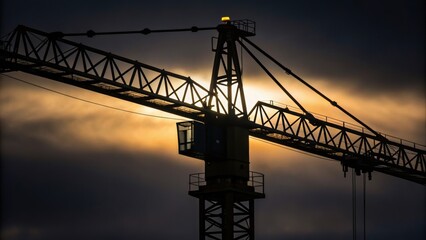 Aufkleber - A dramatic medium closeup of a crane arm silhouetted against a darkening sky its geometric forms highlighted by streaks of light conveying both power and fragility in the