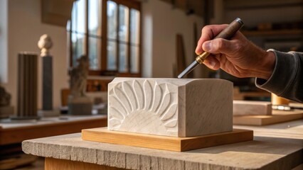 Fototapete - A hand gripping a chisel expertly carving delicate lines into a block of stone representing the transformation of raw materials into refined beauty.