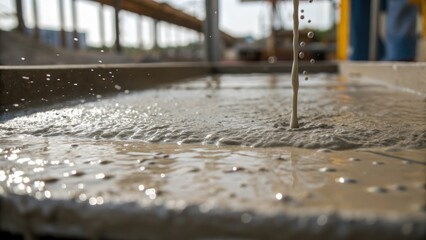 Poster - A hazy closeup of concrete being poured with droplets splattering under footfalls reflecting the raw materiality and foundational essence of physical structures taking shape.
