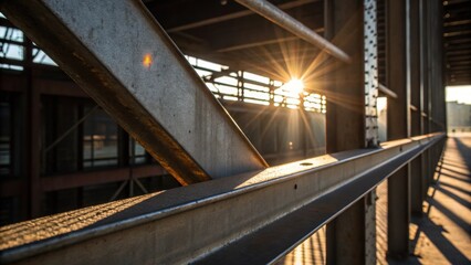 Poster - A medium closeup captures the interplay of sunlight dancing off the sharp corners of a metal beam creating a striking contrast between light and shadow emphasizing the industrial